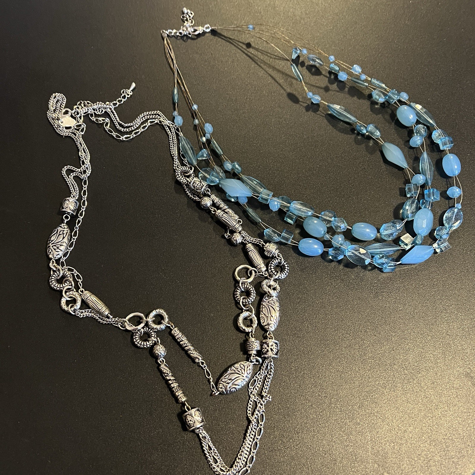 2pc Statement Necklace Lot Blue Multi Strand+ Sil… - image 1