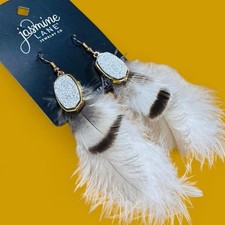 Handmade Boho Feather Earrings Gold Tone Druzy Style Lightweight Statement NEW