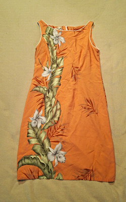 Hilo Hattie Orange Floral Hawaiian Shift Dress Round Neck Knee Length L
