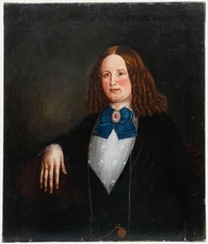 19th Century Oil - Lady with Blue Bow