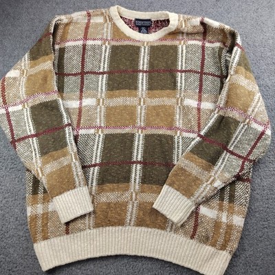Lands End Sweater Size XL Mens Heavy Cotton Linen Brown Plaid Made in Scotland