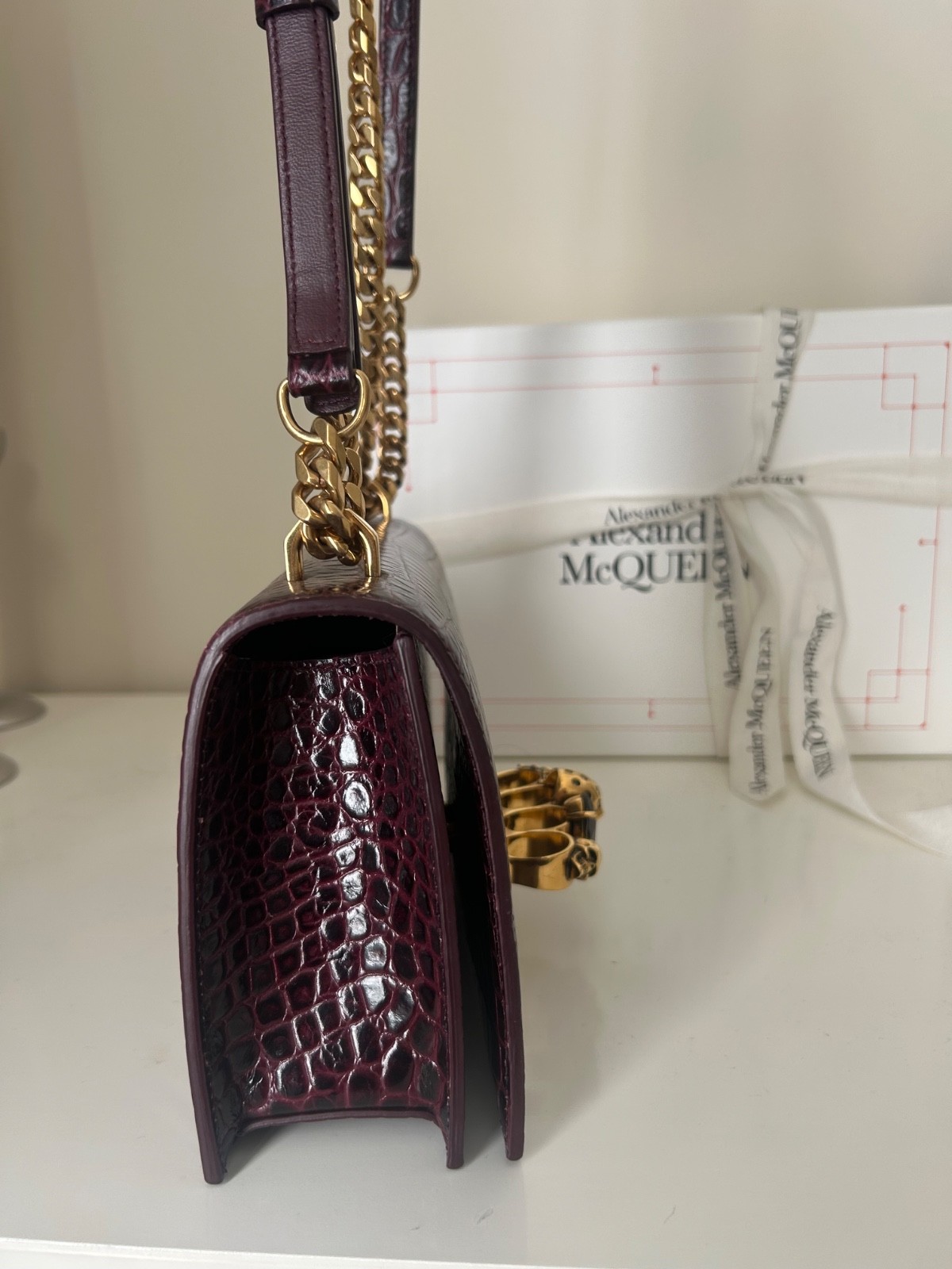 Alexander McQueen Croc Burgundy Leather Handbag, with iconic jewelled detailing image 4