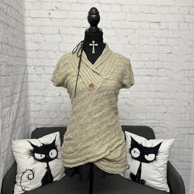 Y2K Razzle Dazzle Beige Knit Short Sleeve Tunic Sweater Asymmetrical Sz M