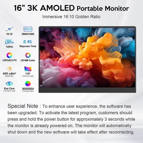 OLED Portable Monitor| 16" 3K OLED Monitor 2880x1800| 0.1ms 120Hz Display| 12... - 第 2/9 張圖片
