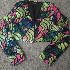 Akira Womens L Neon Sequin Cropped Jacket Tropical Floral Festival Bolero