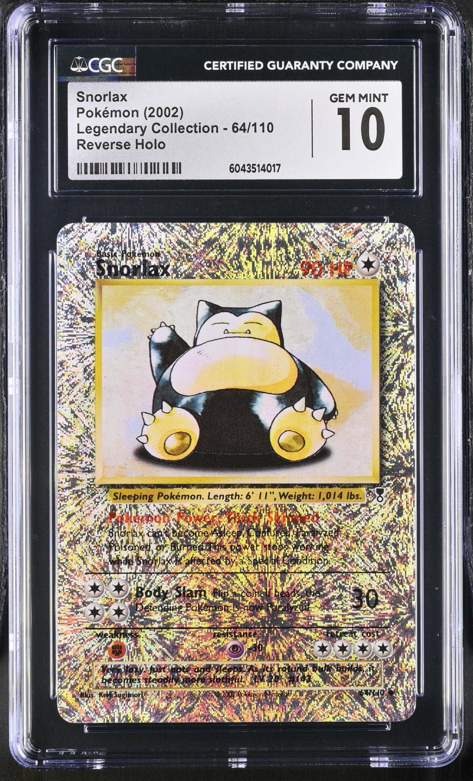 2002 Pokemon  Legendary Collection Reverse Holo Snorlax #64/110 CGC 10 Gem Mint