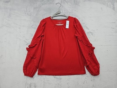 LOFT Red Top Sheer Ruffle Polka Dot Mixed Knit Long Sleeve Women's Size S Petite