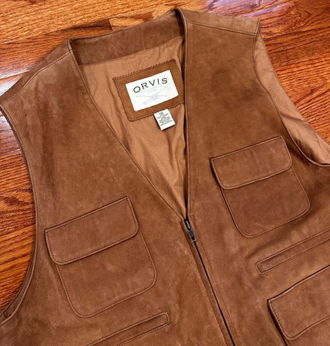 Orvis 100% Leder Wildleder Weste Jacke Herren 2XL braun Taschen Safari Outdoor Jagd - Bild 2 von 7