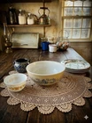 Pyrex Homestead #404 Blue Scroll & Tan Speckled 10" Mixing Bowl Vintage