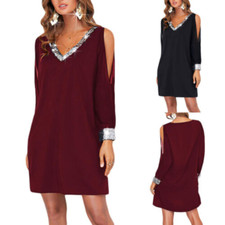 Womens Sequin Long Sleeve V-Neck T-Shirt Dress Party Cold Shoulder Mini Dresses