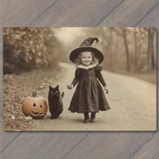 Art Print Cat Victorian Girl Jack-O’-Lanterns Pumpkins Halloween Vintage Style
