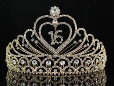 SWEET SIXTEEN 16 BIRTHDAY PARTY RHINESTONE TIARA CROWN W/ HAIR COMBS T1629G GOLD