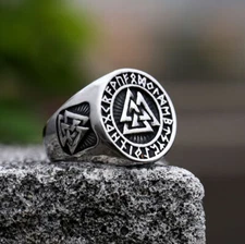 Vintage Runes Valknut Pattern Ring Stainless Steel Viking Celtic Band Biker Ring