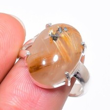 Rutilated Quartz Gemstone Handmade 925 Sterling Silver Jewelry Ring Size 8 US 