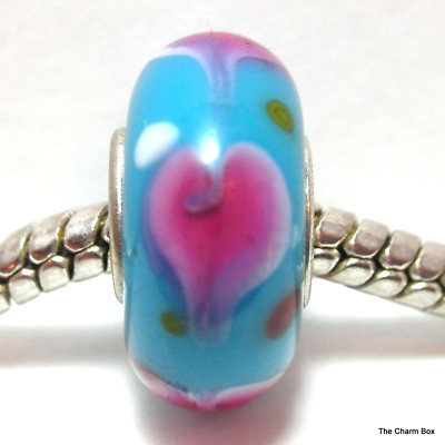 OPAKE HIMMELBLAU / ROSA HERZEN versilbert Murano Glas European Charm Bead