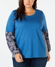Style & Co Womens Ladies Blue Paisley Peasant Sleeve Top Plus Size 3X NEW