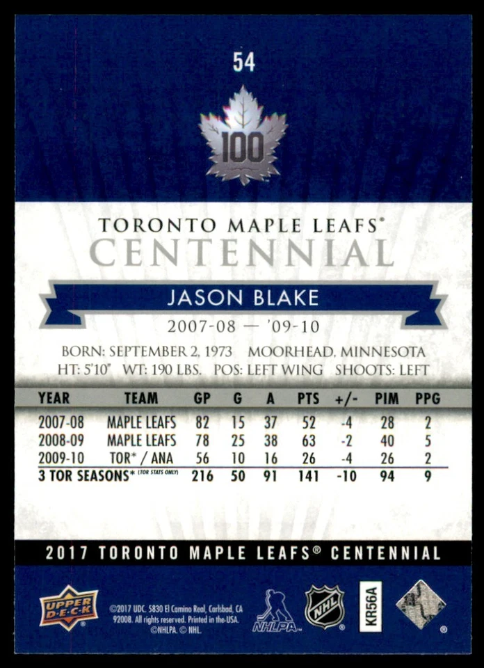 2017-18 Upper Deck Toronto Maple Leafs Centennial Jason Blake #54 - Image 2 of 2