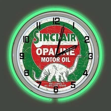19" SINCLAIR Opaline Motor Oil Gas Station Double Neon Clock Dino Gasoline