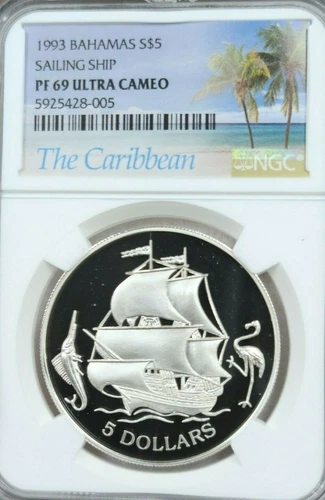 1993 BAHAMAS SILVER 5 DOLLARS SAILING SHIP NGC PF 69 ULTRA CAMEO RARE TOP POP !