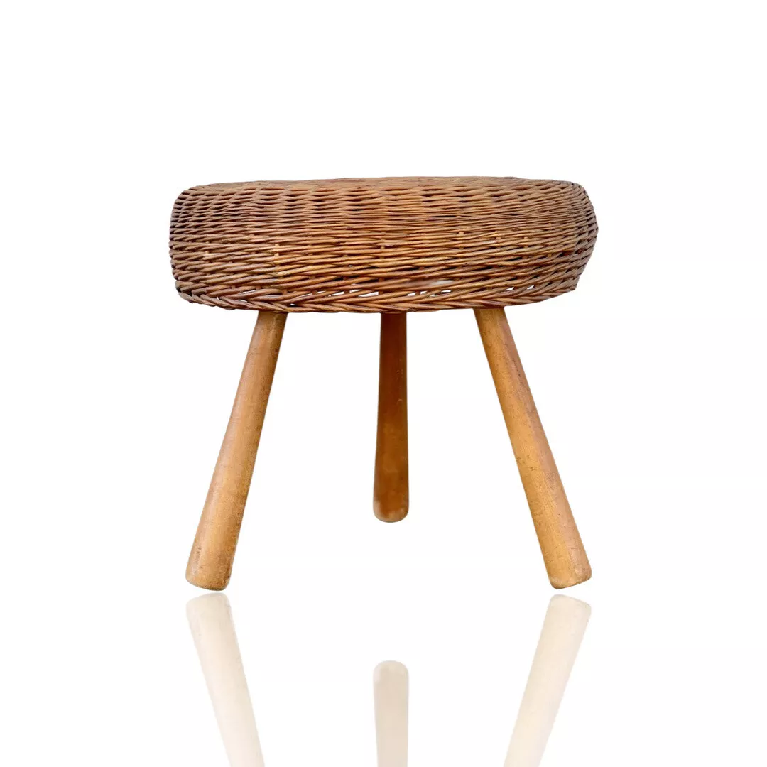 Large wicker tripod stool vintage Tony Paul