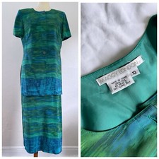 Vintage Maggy London Women Silk Button Blouse Top A-Line Skirt Set Green Blue 10
