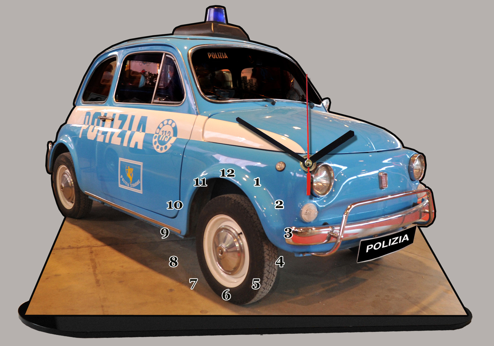 Horloge Miniature Fiat 500 Police-09 en Métal Noir pour Bureau