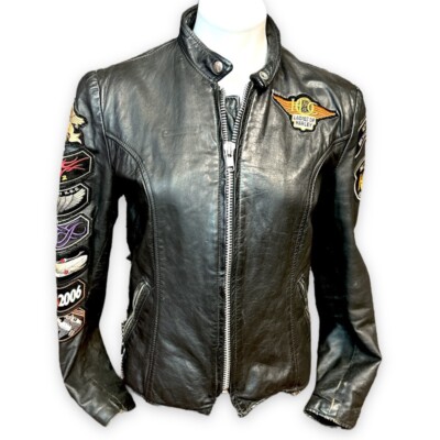VINTAGE WOMENS LEATHER BIKER JACKET WITH HARLEY DAVIDSON PATCHES