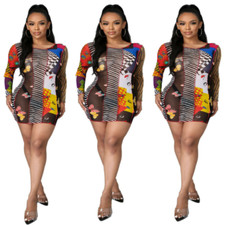 New Women Fashion Long Sleeves Mesh Print Patchwork Skinny Club Short Dress Sexy