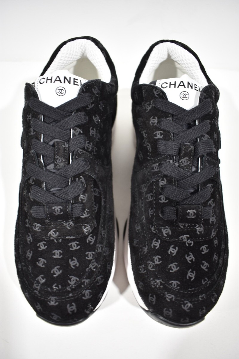Chanel 22A Black Suede Printed CC Logo White Flat Runner Trainer