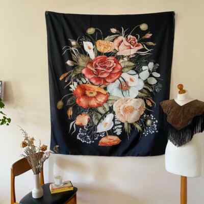 Floral Botanical Schwarz Wandteppich Wandbehang Blumenstrauß Flagge Zimmer Boho Dekor