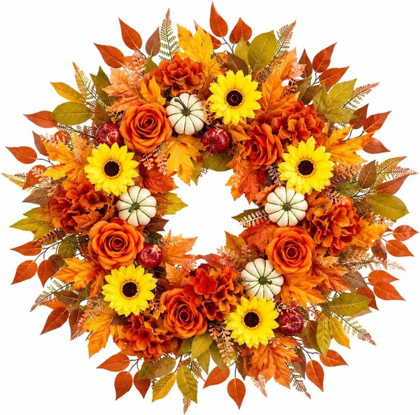 Herbst TüRkranz 60Cm Handgefertigt Mit KüRbis Sonnenblumen Rosen Eukalyptus Deko-image