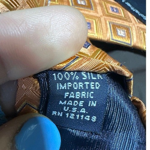 Men’s Hart Schaffner Marx Orange Blue Square 100% Silk Tie - Picture 4 of 4