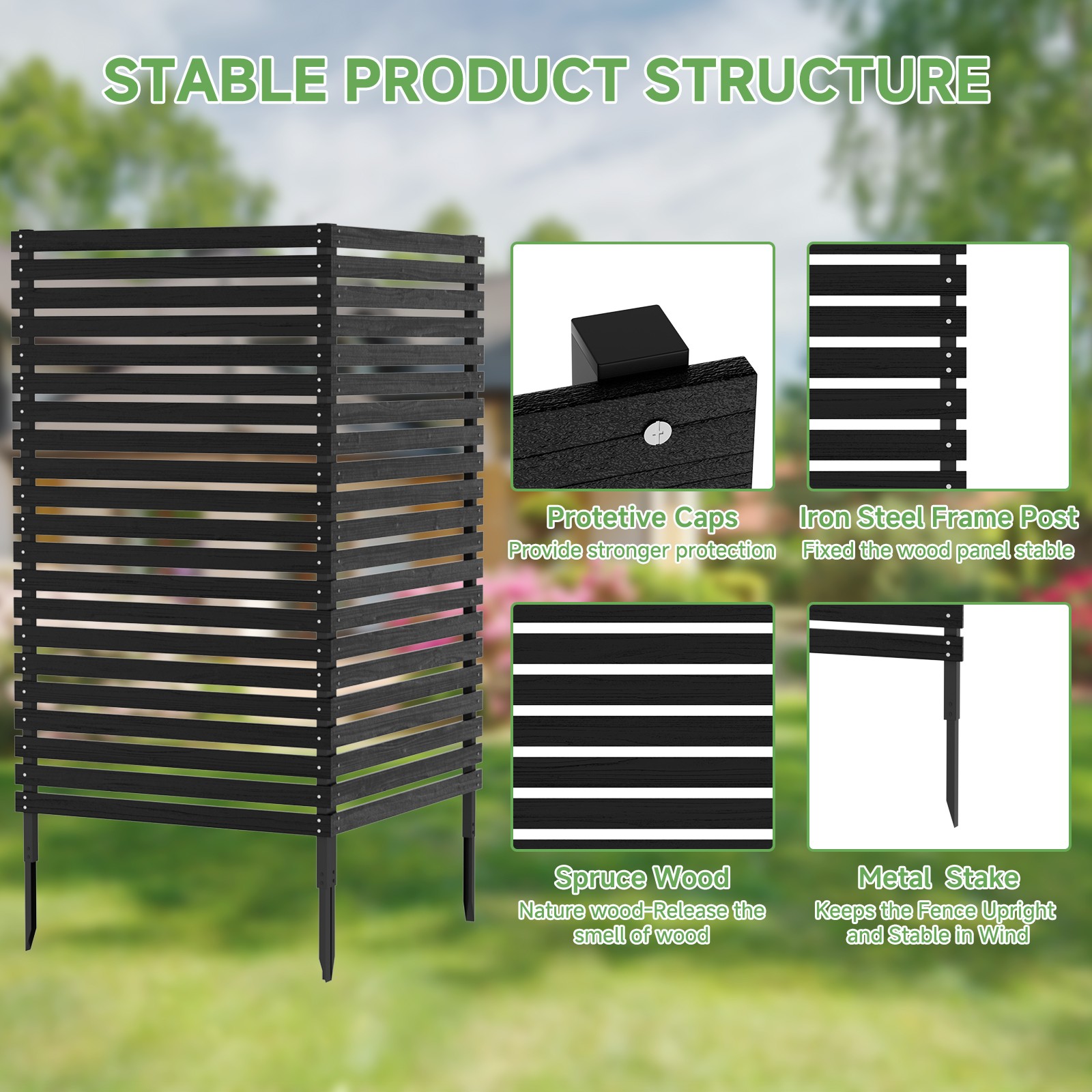 38" W x 71'' H Black Air Conditioner Fence, No-Dig Metal Wood Privacy Screen