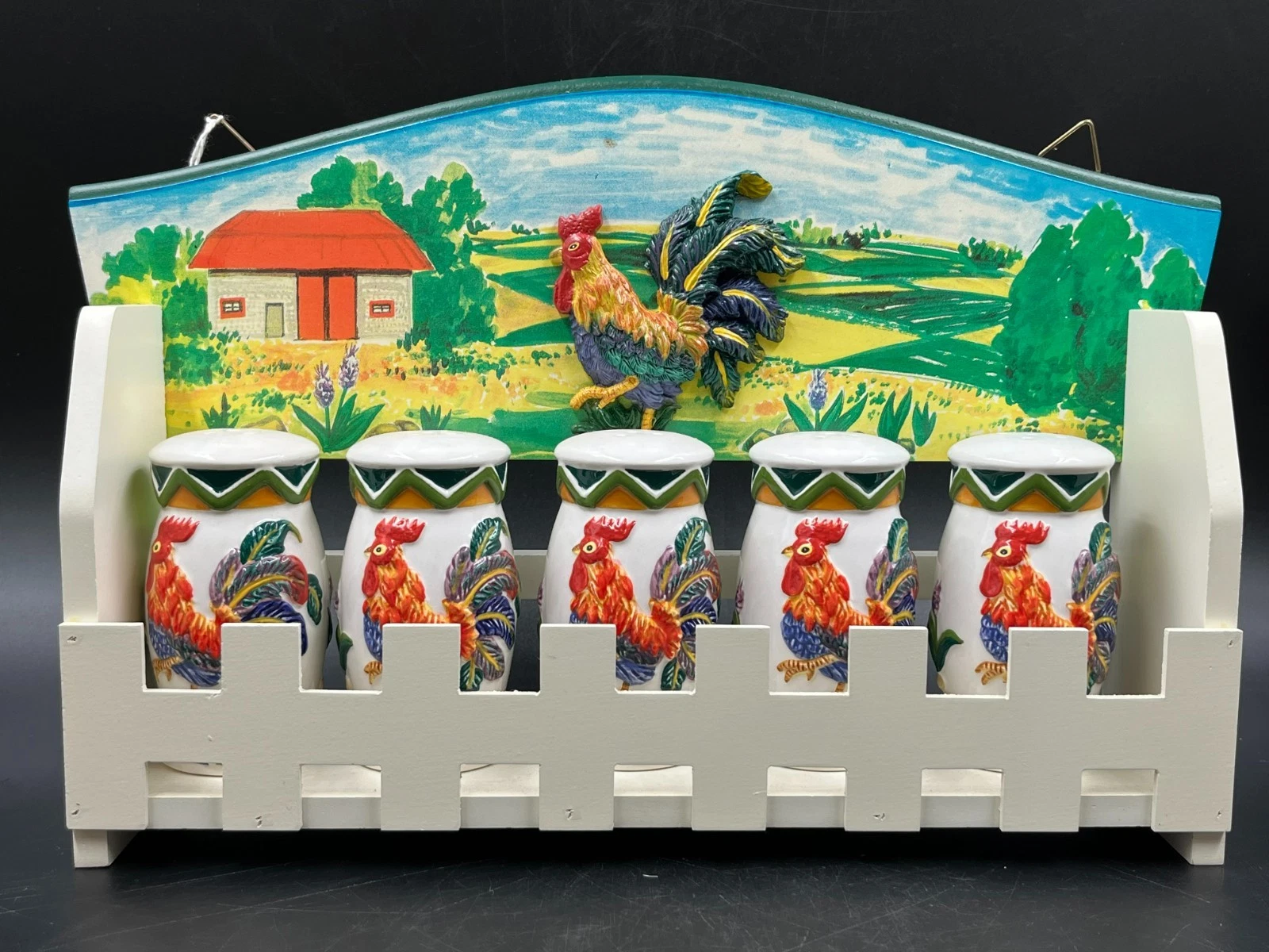 Vintage KK 5 Pcs Ceramic Rooster & Wooden Spice Rack NOS from 2000