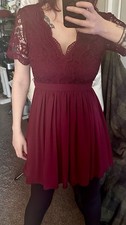 Lulus Burgundy Lace Short Sleeve A-Line V-Neck Lined Dress 100% Polyester Size S