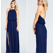 Show Me Your Mumu Navy Blue Heather Halter Neck MaxiDress Backless Slit Medium