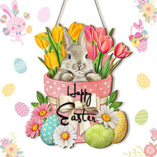 Happy Easter Hanging Sign for Front Door Wooden Easter Decoration for Home Indoo