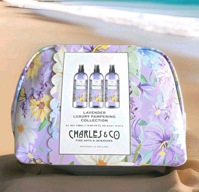 NWT Charles & Co 3 Lavender Body Mists Makeup Cosmetic Pouch Travel Bag Zipper