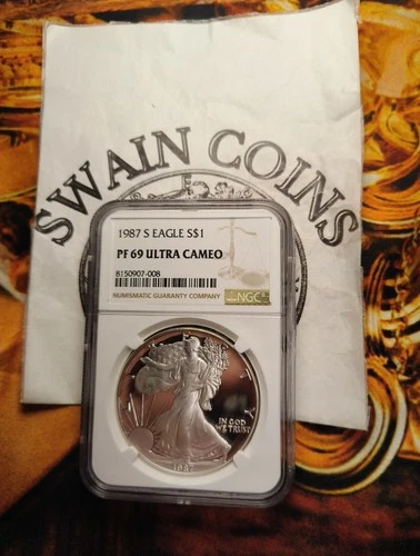 1987 S American SILVER EAGLE NGC PF69 ULTRA CAMEO CLASSIC BROWN LABEL E5-173