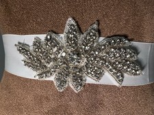 A rhinestone bridal sash belt with a floral design on a white ribbon, 37 Long