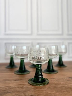 Vintage Etched Grape Wine Glasses Green Stem Roemer Set of 6 Beehive