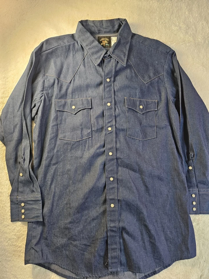 Camisa Western Vintage Key Saddle King Talla 17 Denim Perla A Presión Para Hombre Hecha en EE. UU. Foto 3 de 4