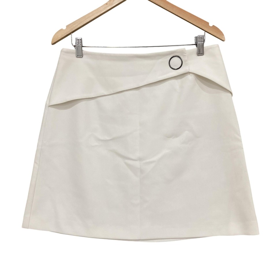 Cue Skirt Womens 12 White Wrap Mini Asymmetric Twill Lined Buckle Summer Casual