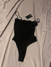 Fashion Nova NWT Black Bodysuit Women's Size M Square Neck Stretch Clubwear