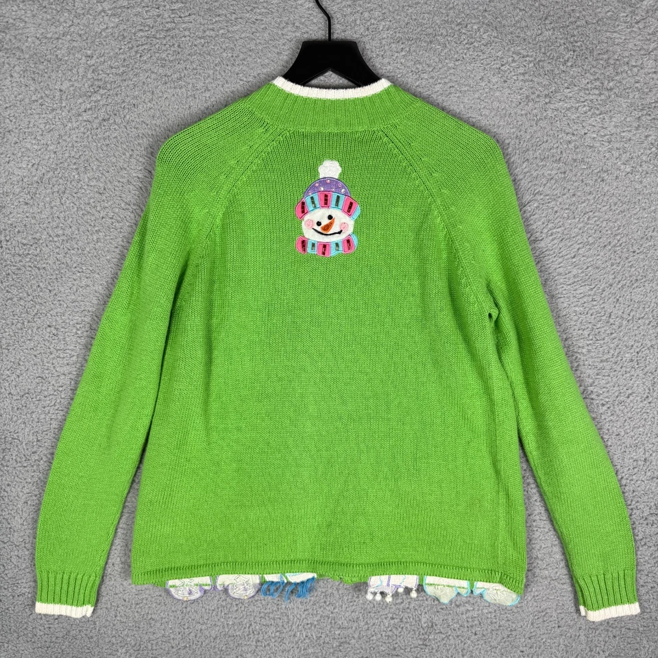 Cardigã suéter vintage Natal anos 90 malha boneco de neve feminino pequeno verde - Imagem 4 de 4