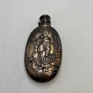 R Wallace & Sons Sterling Silver Repousse Tavern Monks Scene Hip Flask 122.23g
