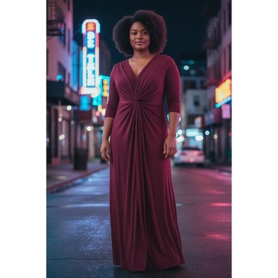 Koh Koh Burgundy Twist Front Maxi Dress 3/4 Sleeve Elegant Formal Gown  Women's L | eBay
