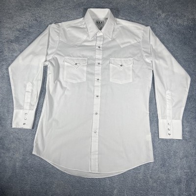 Ely Cattleman Long Sleeve Pearl Snap Button Up Shirt Men's 15.5 33 White Pockets