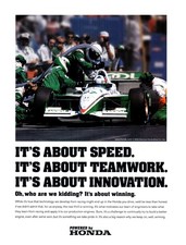 PRINT AD, 2000 Honda CART Racing It's About Speed Teamwork Innovation Winning