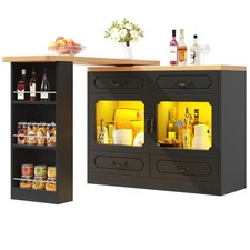 Kitchen Island Bar Table with Storage Cabinet LED Sideboard & 3 Tier Spice Rack
